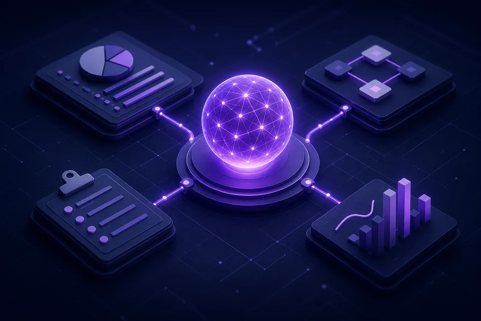 A connected AI core linking organised workflow and information panels