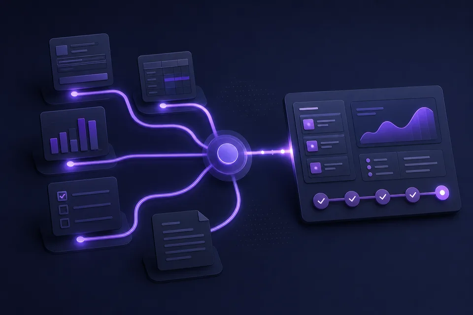 Separate digital forms and information flowing into one organised system