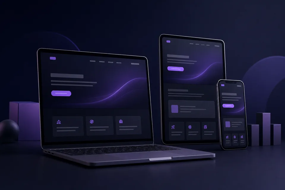 A responsive business website displayed across laptop, tablet and phone